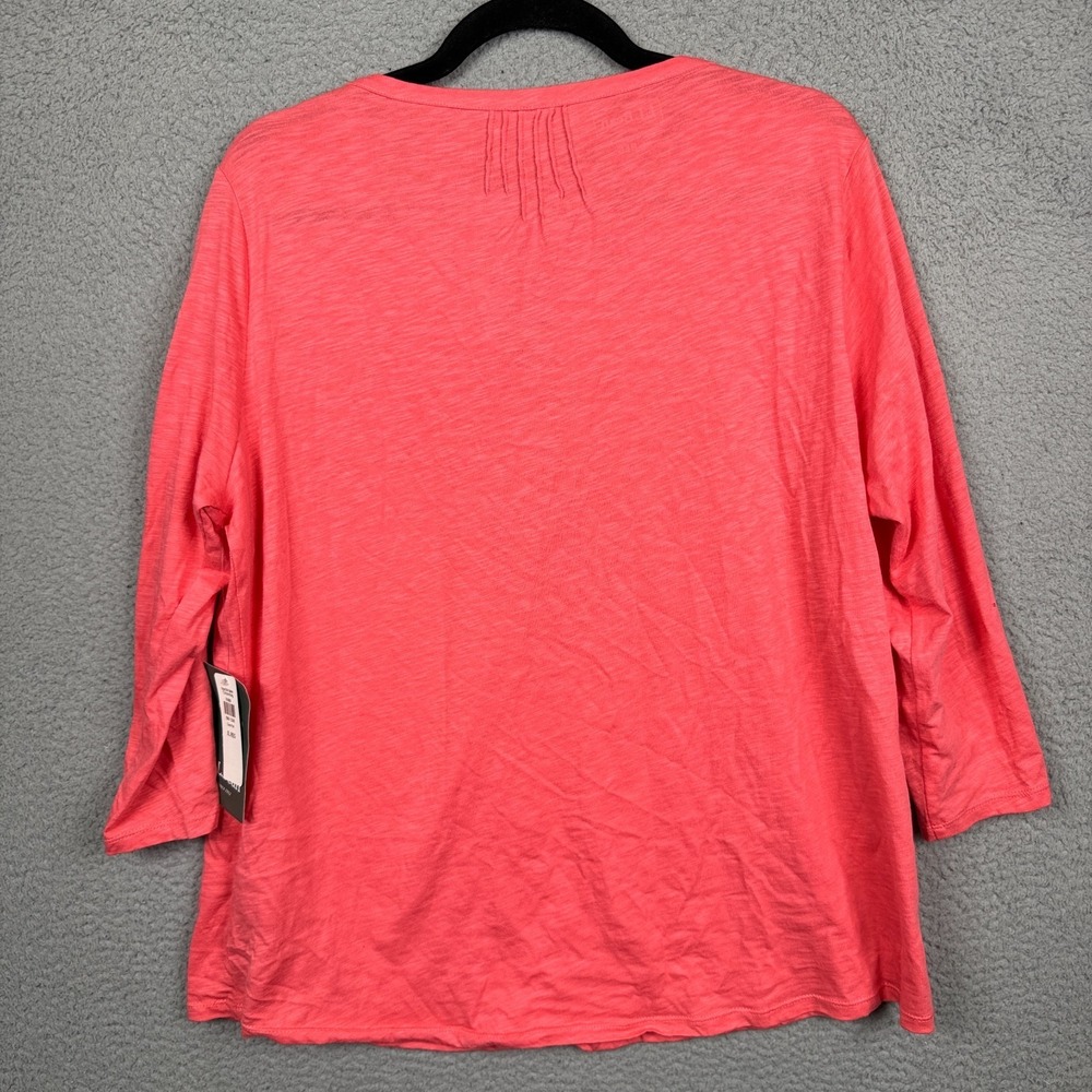 LL Bean Top Womens XL Coral Pink Organic Cotton Split Neck Tee 3/4 Sleeve - Picture 2 of 13